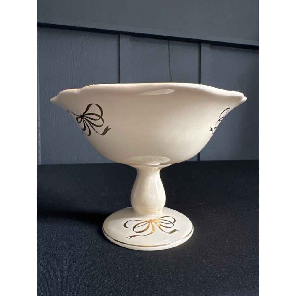 Vintage Teleflora Gold Tone Bow Accent Pedestal Bowl Trinket Candy Dish